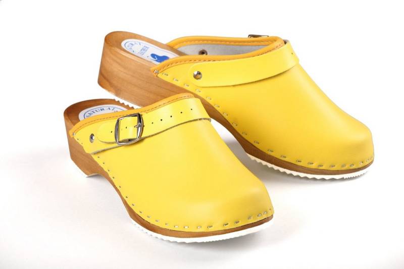 Aves-24 CLOGS Pantolette Sandalette Leder Holzschuhe Holzclogs Damen Klotschen Clog Gelb 36 von Aves-24