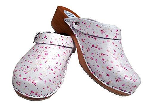 Aves-24 Clogs Pantolette Blumen Punkte Sandalette Holz + Leder Tolle Farben Holzschuhe (36, Blumen Rosa) von Aves-24