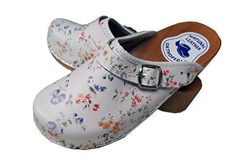 Aves-24 Clogs Pantolette Blumen Punkte Sandalette Holz + Leder Tolle Farben Holzschuhe (37, Blumen Bunt) von Aves-24