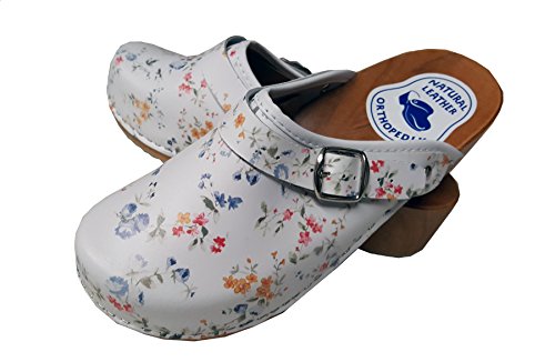 Aves-24 Clogs Pantolette Blumen Punkte Sandalette Holz + Leder Tolle Farben Holzschuhe (40, Blumen Bunt) von Aves-24