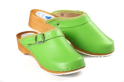 Aves-24 Clogs Pantolette Sandalette Holz + Leder Holzclogs Gr. 36-41 Holzschuhe (36, Grün) von Aves-24