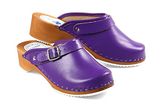 Aves-24 Clogs Pantolette Sandalette Holz + Leder Holzclogs Gr. 36-41 Holzschuhe (36, Lila) von Aves-24