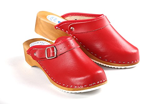 Aves-24 Clogs Pantolette Sandalette Holz + Leder Holzclogs Gr. 36-41 Holzschuhe (38, Rot) von Aves-24