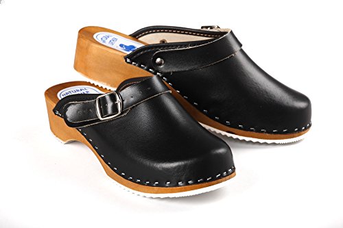 Aves-24 Clogs Pantolette Sandalette Holz + Leder Holzclogs Gr. 36-41 Holzschuhe (39, Schwarz) von Aves-24