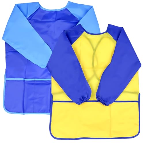 Avesteir Zweiteilig Kinderschürze Jungen und Mädchen, Kochschürze, Painting Coat Kinder, Schule Malkittel Schürze, Malschürze Malerkittel, Kittel zum Bemalen mit Taschen, Blau und Gelb (L size) von Avesteir