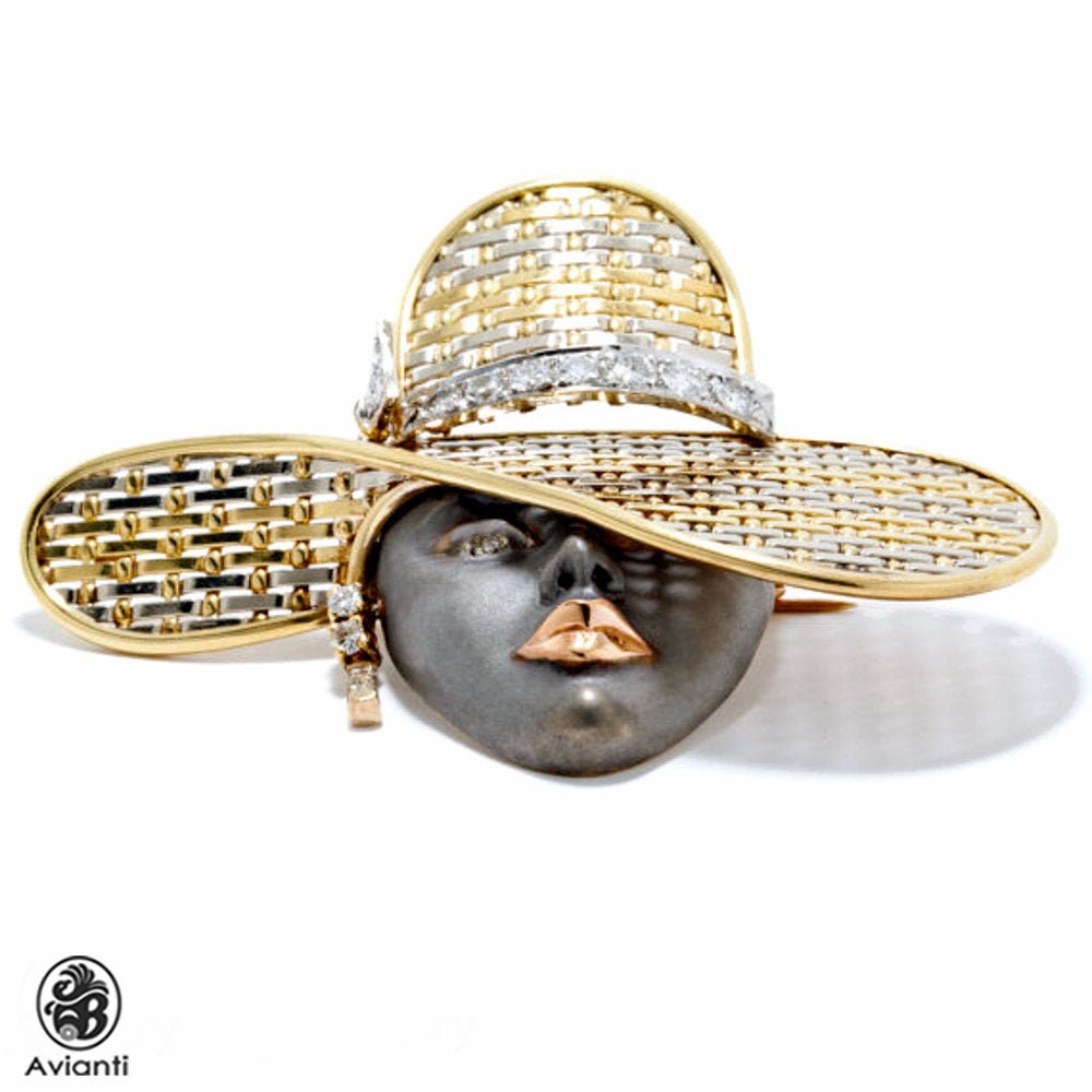 18K Gold Diamant Diva Brosche Frauengesicht, Korbgeflecht Design 18K Gold Diamant Diva Brosche Frauengesicht, Korbgeflecht Design von AviantiJewelry