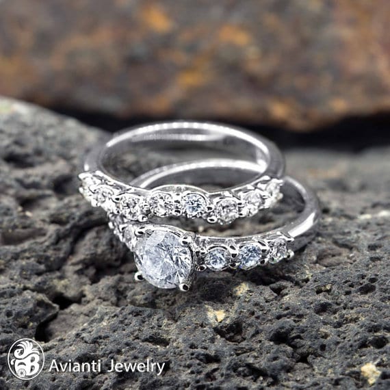 Diamant Verlobungsring Set 14K Weißgold Eheringe von AviantiJewelry