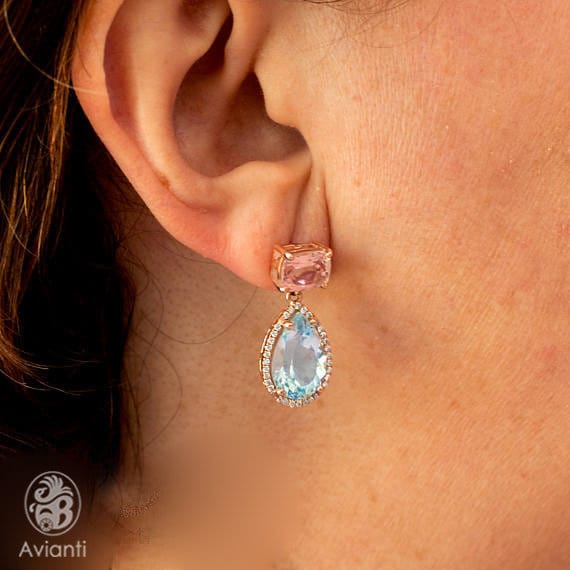 Morganit Und Aquamarin Ohrringe 14K Rose Gold Diamond Dangle von AviantiJewelry