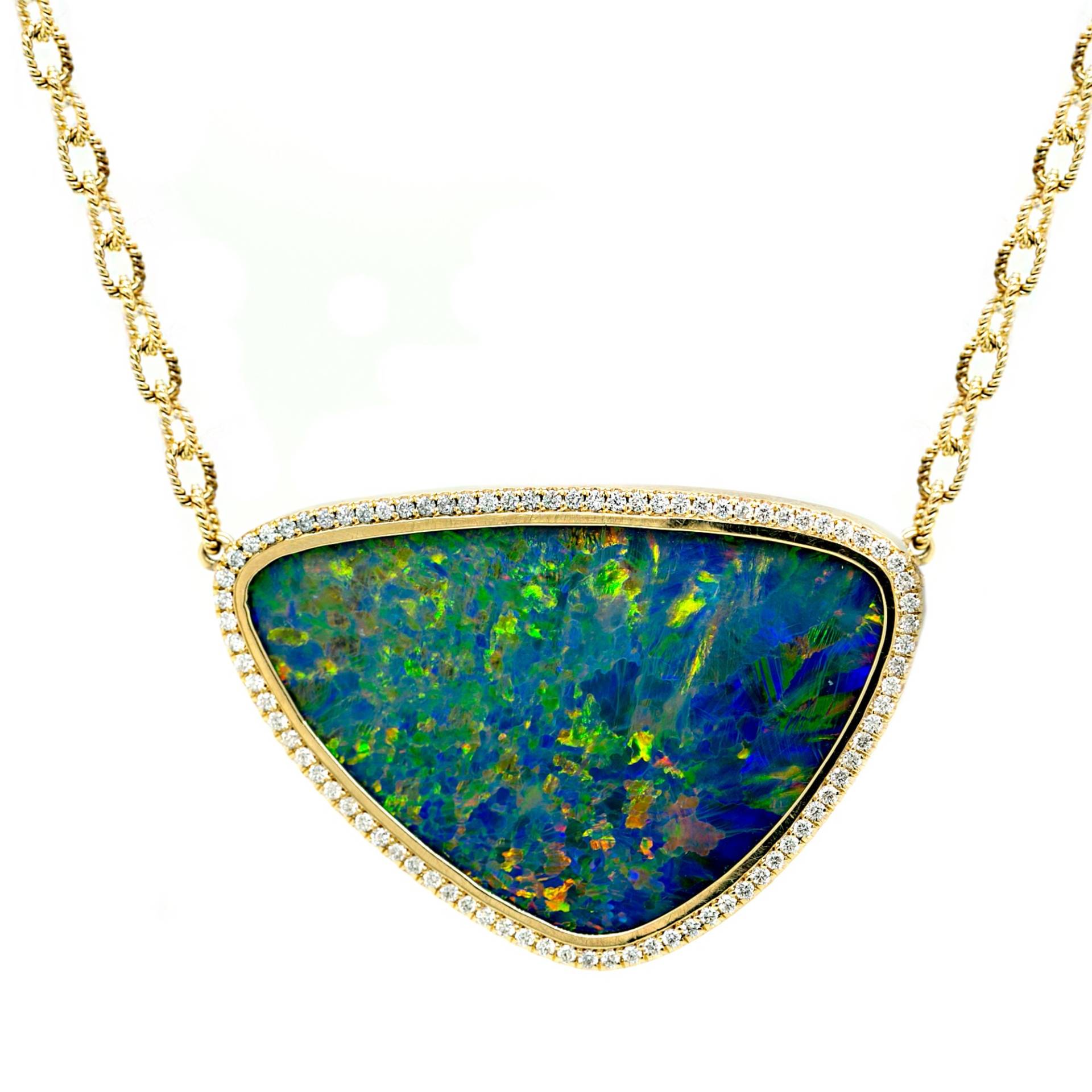 Opal Halskette, Gelbgold Diamant Blaue Grün Blau Einzigartiger Schmuck, Doublette von AviantiJewelry