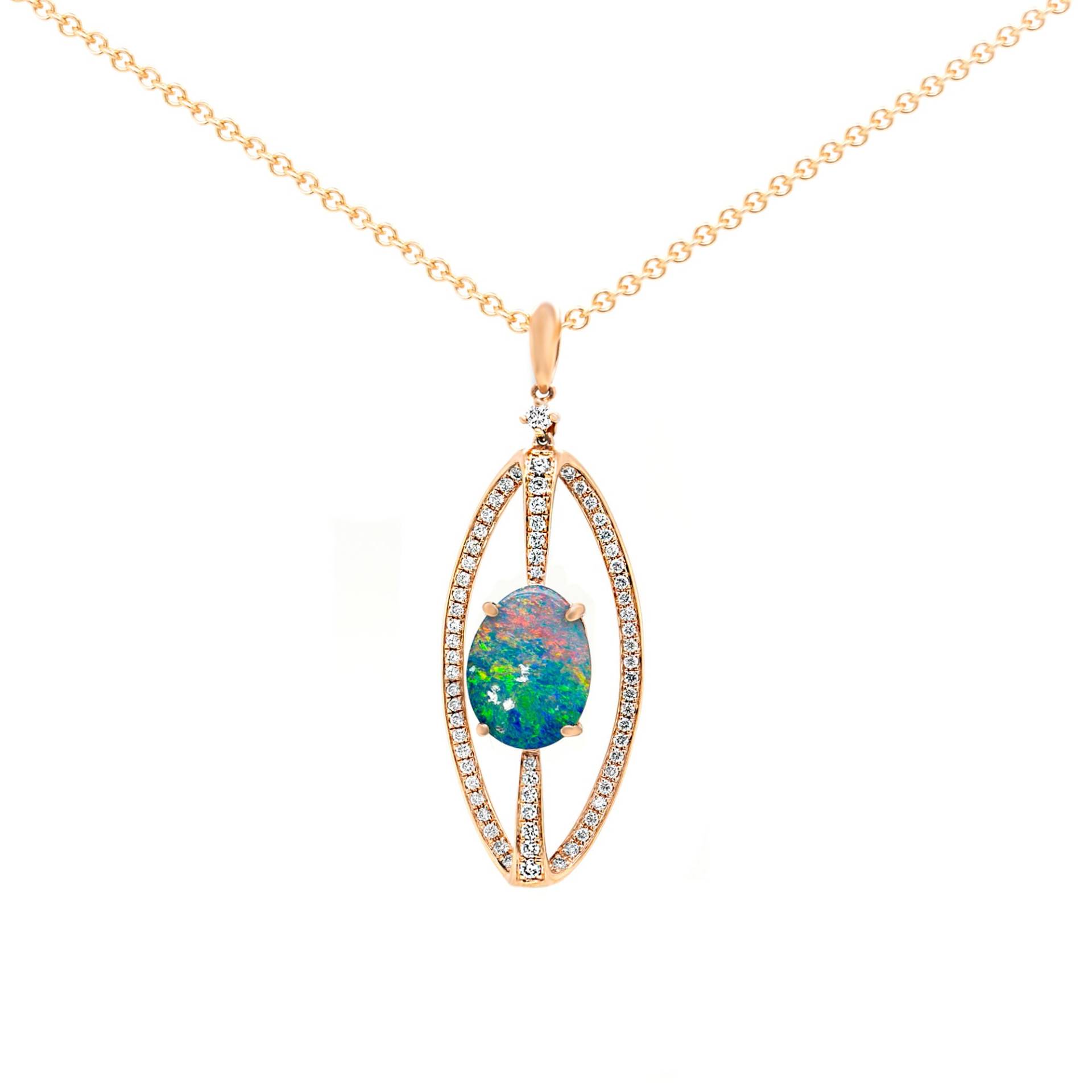 Opal Halskette, Rosegold Doublette Blau Grün Halskette Mit Pave Diamanten, Einzigartiger Schmuck, Designer Schmuck von AviantiJewelry