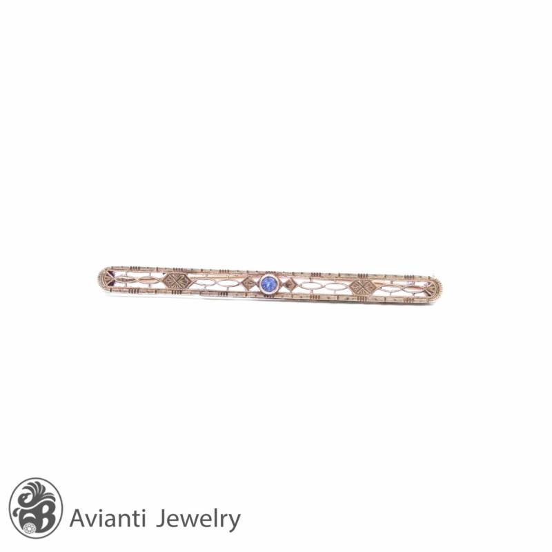 Vintage Art Deco Saphir Brosche 14Kt Gold Filigrane Stab-Nadel von AviantiJewelry