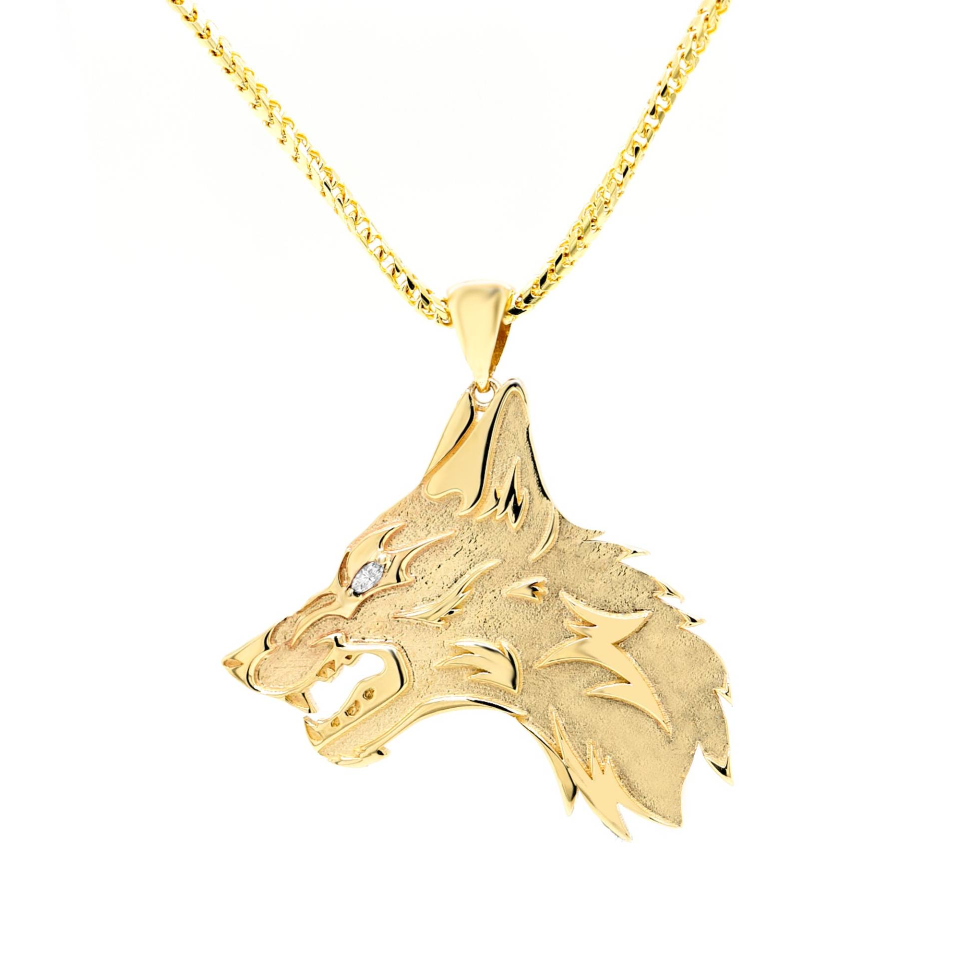 Wolfskopf Anhänger, Wolf Anhänger Mit Diamantauge, Gold in Wölfe Kopf, Gelbgold in Gold, Fuchs von AviantiJewelry