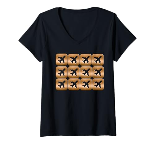 Damen Mehrere Flugzeuge aus Holz Design Luftfahrt T-Shirt mit V-Ausschnitt von Aviation Airplane Collection