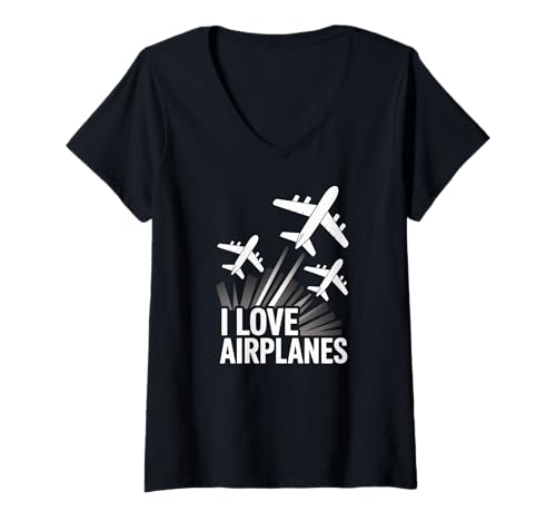 Damen I Love Airplanes Aviation Lovers Grafik T-Shirt mit V-Ausschnitt Damen I Love Airplanes Aviation Lovers Grafik T-Shirt mit V-Ausschnitt von Aviation Enthusiast Airplane Passion Tees