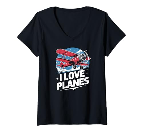 Damen I Love Planes Vintage Doppeldecker Grafik T-Shirt mit V-Ausschnitt Damen I Love Planes Vintage Doppeldecker Grafik T-Shirt mit V-Ausschnitt von Aviation Enthusiast Biplane Passion
