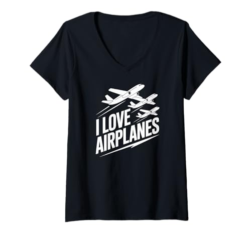 Damen Ich Liebe Flugzeuge Ideal für Luftfahrtliebhaber T-Shirt mit V-Ausschnitt Damen Ich Liebe Flugzeuge Ideal für Luftfahrtliebhaber T-Shirt mit V-Ausschnitt von Aviation Enthusiast Passion Flight Travel