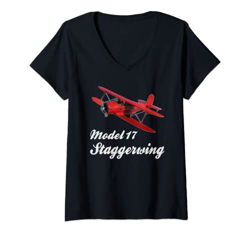 Damen Modell 17 Buche Staggerwing Flugzeug Pilot Geschenk Bekleidung T-Shirt mit V-Ausschnitt von Aviation Gifts For Men