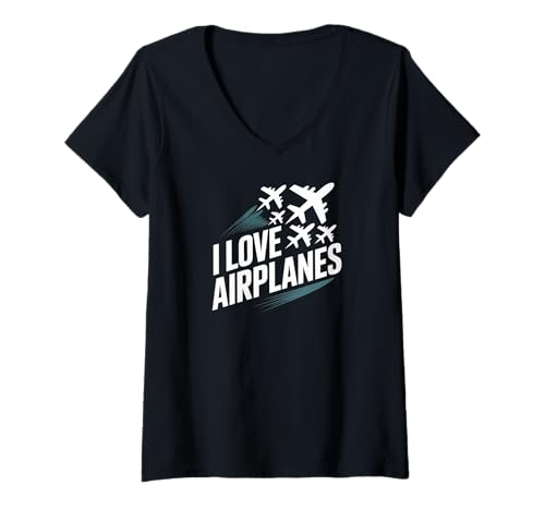 Damen I Love Airplanes Aviation Bewunderer T-Shirt mit V-Ausschnitt von Aviation Passionate Flying Enthusiasts