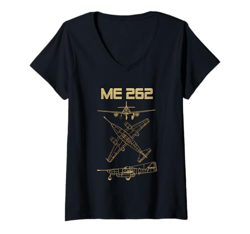 Damen ME 262 Deutsches WW2 Flugzeug Warbird Blueprint Schematics Diagramm T-Shirt mit V-Ausschnitt Damen ME 262 Deutsches WW2 Flugzeug Warbird Blueprint Schematics Diagramm T-Shirt mit V-Ausschnitt von Aviation Station