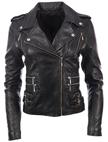 Aviatrix Damen-Bikerjacke aus echtem Leder, Cross-Zip, mehrere Reißverschlüsse (AGSM) Gr. 4X-Large, Schwarz von Aviatrix