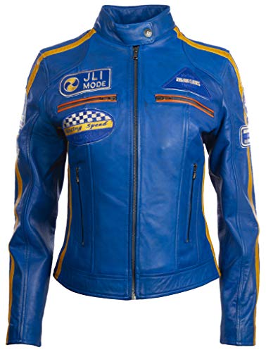 Aviatrix Damen Bikerjacke aus echtem Leder mit Bandkragen und Rennabzeichen (QOOC) von Aviatrix