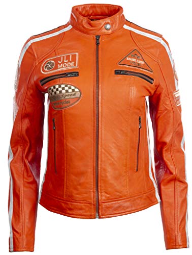 Aviatrix Damen Bikerjacke aus echtem Leder mit Bandkragen und Rennabzeichen (QOOC) von Aviatrix