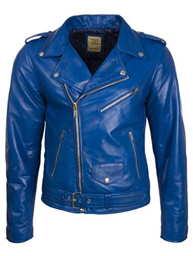 Aviatrix Herren Bikerjacke mit Gürtel aus echtem Rindsleder oder echtem Schaffell (N2KG)- Gr. 54 (Brust=54 zoll), Blau Schaffell Leder von Aviatrix