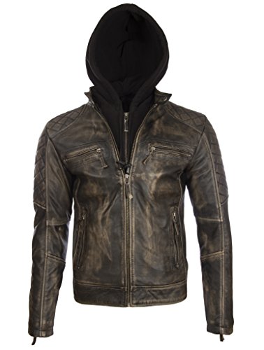 Aviatrix Herren Echtes Leder Vintage Look Biker Mode Jacke Mit Abnehmbare Kapuze, Vegas, 3XL / Chest=46.5 inch von Aviatrix