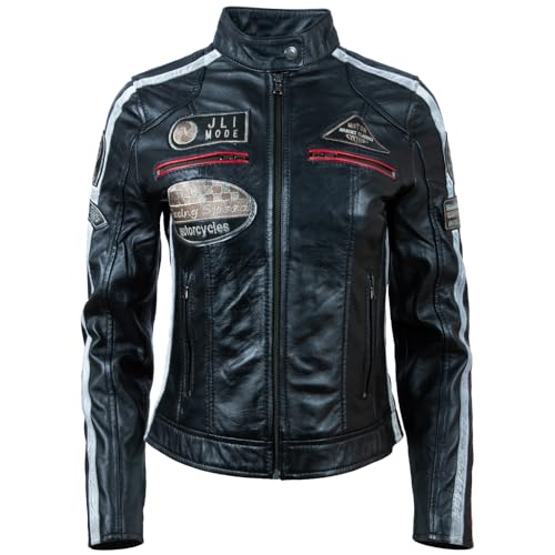 Aviatrix QOOC Damen-Bikerjacke, superweich, Echtleder, Bandkragen, Patch, modische Bikerjacke, Schwarz , 42 von Aviatrix