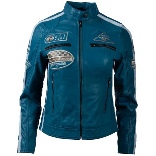 Aviatrix QOOC Damen-Bikerjacke, superweich, Echtleder, Bandkragen, Patch, modische Bikerjacke, denim-blau, 48 von Aviatrix