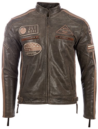 Herren echtes Leder Bikerjacke mit Bandkragen und Rennabzeichen von MDK, Marron (Desert Tan), 3XL von Aviatrix