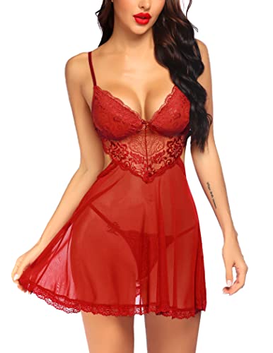 Avidlove Babydoll Damen Dessous Nachtwäsche Spitze Chemise Negligee Backless Braut Nachthemd Rot S von Avidlove