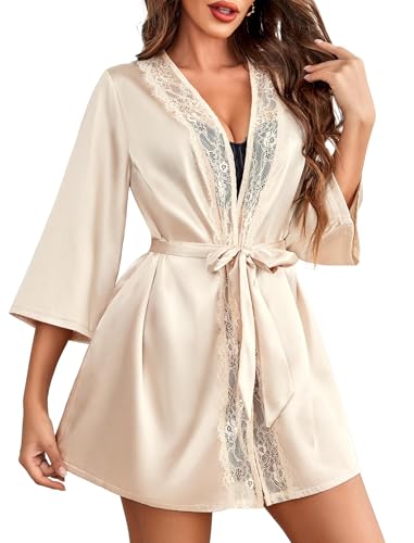Avidlove Bademantel Damen Kimono Robe mit Gürtel Leichter Morgenmantel V-Ausschnitt Nachthemd für Braut spitze Nachtwäsche Cremefarben L von Avidlove