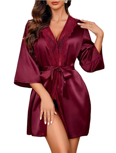 Avidlove Bademantel Damen Kimono Robe mit Gürtel Leichter Morgenmantel V-Ausschnitt Nachthemd für Braut spitze Nachtwäsche Dunkel Rot XL von Avidlove