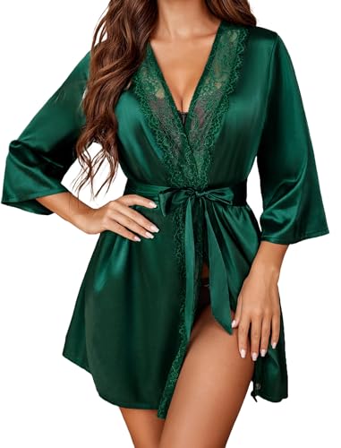 Avidlove Bademantel Damen Kimono Robe mit Gürtel Leichter Morgenmantel V-Ausschnitt Nachthemd für Braut spitze Nachtwäsche Grün XXL von Avidlove