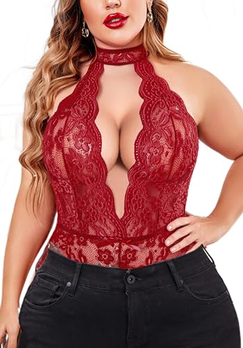 Avidlove Body Damen Sexy Spitze Bodysuit Spaghettiträger Ärmellos Bodys Slim Jumpsuit Elegant Netz Unterziehbody Mode Rückenfrei Oberteil Schmal Cami Top,Weinrot24W von Avidlove