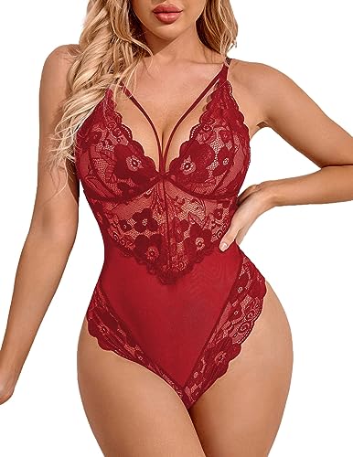 Avidlove Damen Body Dessous Lingerie Spitze Bodysuit Babydoll Unterwäsche Teddy Reizwäsche Outfit Weinrot M von Avidlove