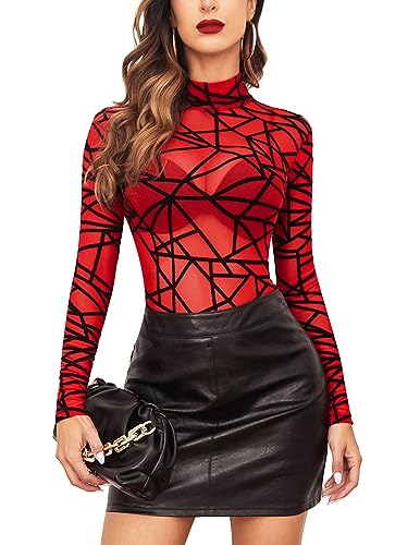 Avidlove Damen Body Sexy Bodysuit Elegant Mesh Top Langarm Formende Bodys Rollkragen Oberteil Dessous Babydoll Rot L von Avidlove