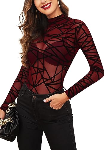 Avidlove Damen Body Sexy Bodysuit Elegant Mesh Top Langarm Formende Bodys Rollkragen Oberteil Dessous Babydoll Weinrot L von Avidlove