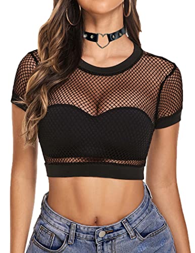 Avidlove Damen Crop Top Netz Sexy T-Shirt Kurzärm Mesh Tops Rundhals Party Outfit Tops Basic T-Shirt Schwarz L von Avidlove