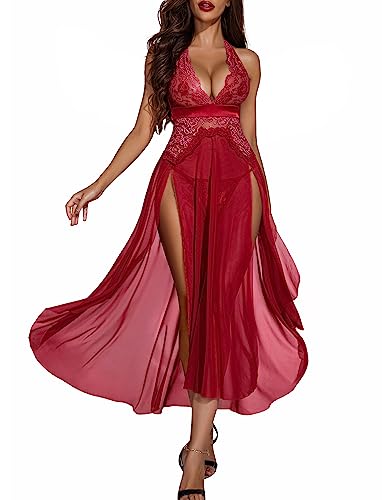 Avidlove Damen-Dessous, tiefer V-Ausschnitt, Nachtwäsche, einteilig, sexy Nachthemden, Mosaik-Spitze, Netzkleid, Dunkelrot, Large von Avidlove