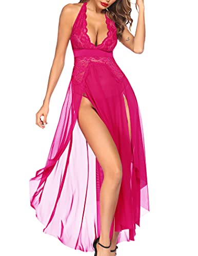 Avidlove Damen-Dessous, tiefer V-Ausschnitt, Nachtwäsche, einteilig, sexy Nachthemden, Mosaik-Spitze, Netzkleid, Pink, Large von Avidlove