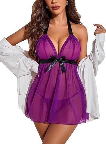 Avidlove Damen Dessous Babydoll Negligees Lingerie Sexy Nachthemden Neckholder Nachtwäsche Kleid Lila S von Avidlove