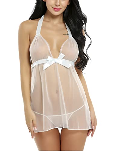 Avidlove Damen Dessous Babydoll Negligees Spitze Lingerie Sexy Nachthemden Neckholder Nachtwäsche Reines Weiß XL von Avidlove