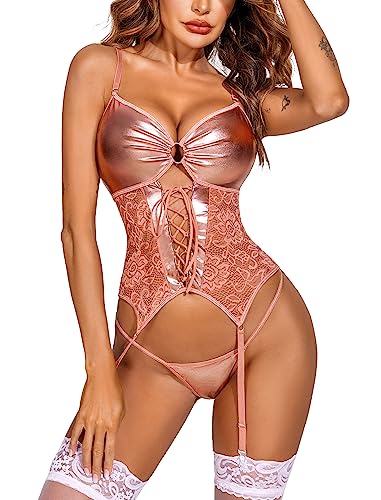 Avidlove Damen Dessous Kunstleder Dessous Spitze Teddy Bodysuit Sexy Korsett mit Strumpfgürtel, Pink, Medium von Avidlove