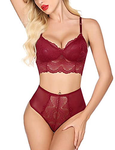 Avidlove Damen-Dessous-Set, Spitze, Blumen, Bralette und hohe Taille, Höschen, dunkelrot, Small von Avidlove