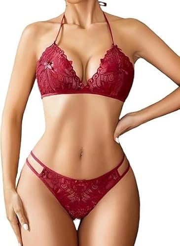 Avidlove Damen Dessous Set Spitze Halfter Unterwäsche Sexy Babydoll Reizwäsche Frauen V-Ausschnitt Lingerie Set Mit BH and Slip Wine rot M von Avidlove