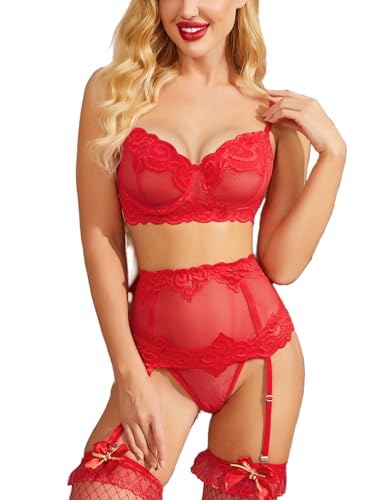 Avidlove Damen Dessous Set Unterwäsche Sexy Strapsen Lingerie BH und G-String Reizwäsche Spitze Dessous mit Strapse, Rot, L von Avidlove