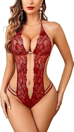 Avidlove Damen Dessous Spitze Sexy Bodysuit mit tiefem V-Ausschnitt Reizwäsche Weinrot Small von Avidlove