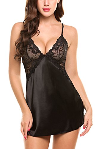 Avidlove Damen Dessous V-Ausschnitt Nachtwäsche Satin Nachtwäsche Spitze Chemise Mini Teddy Schwarz, Mittel von Avidlove